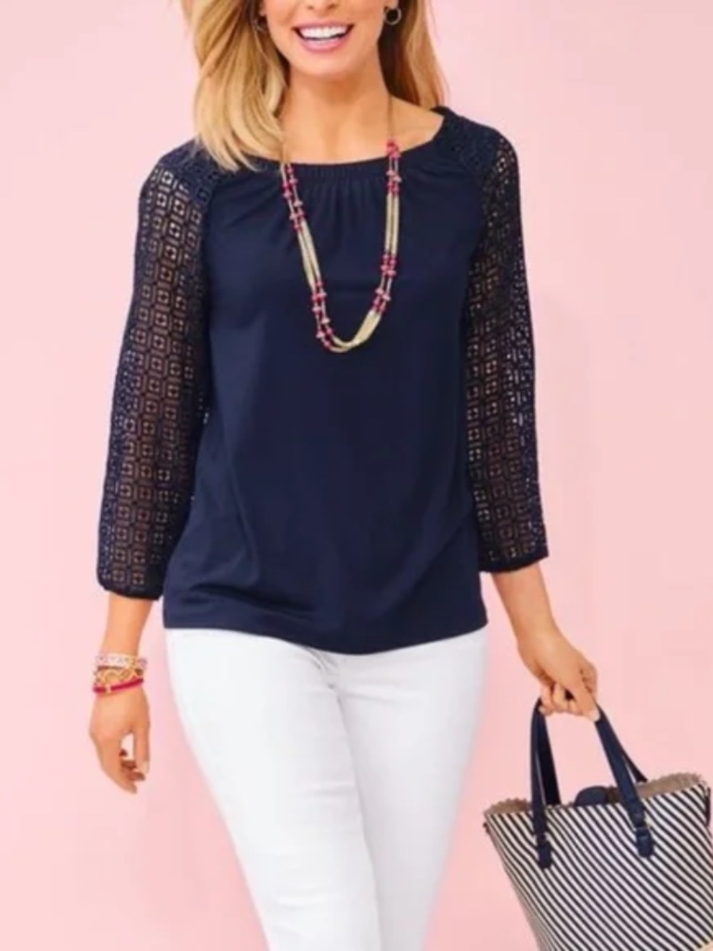 NWOT Talbots Eyelet Sleeve Top Navy Small